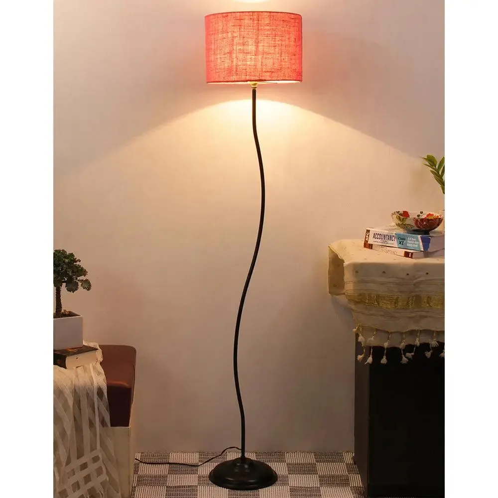 Deigner Wavy Floor Lamp With Drum Shape Jute Shade Beige