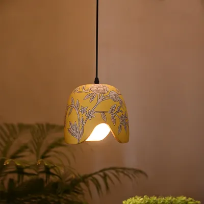 Delicate Floral Green Handpainted Terracotta Hanging Lamp