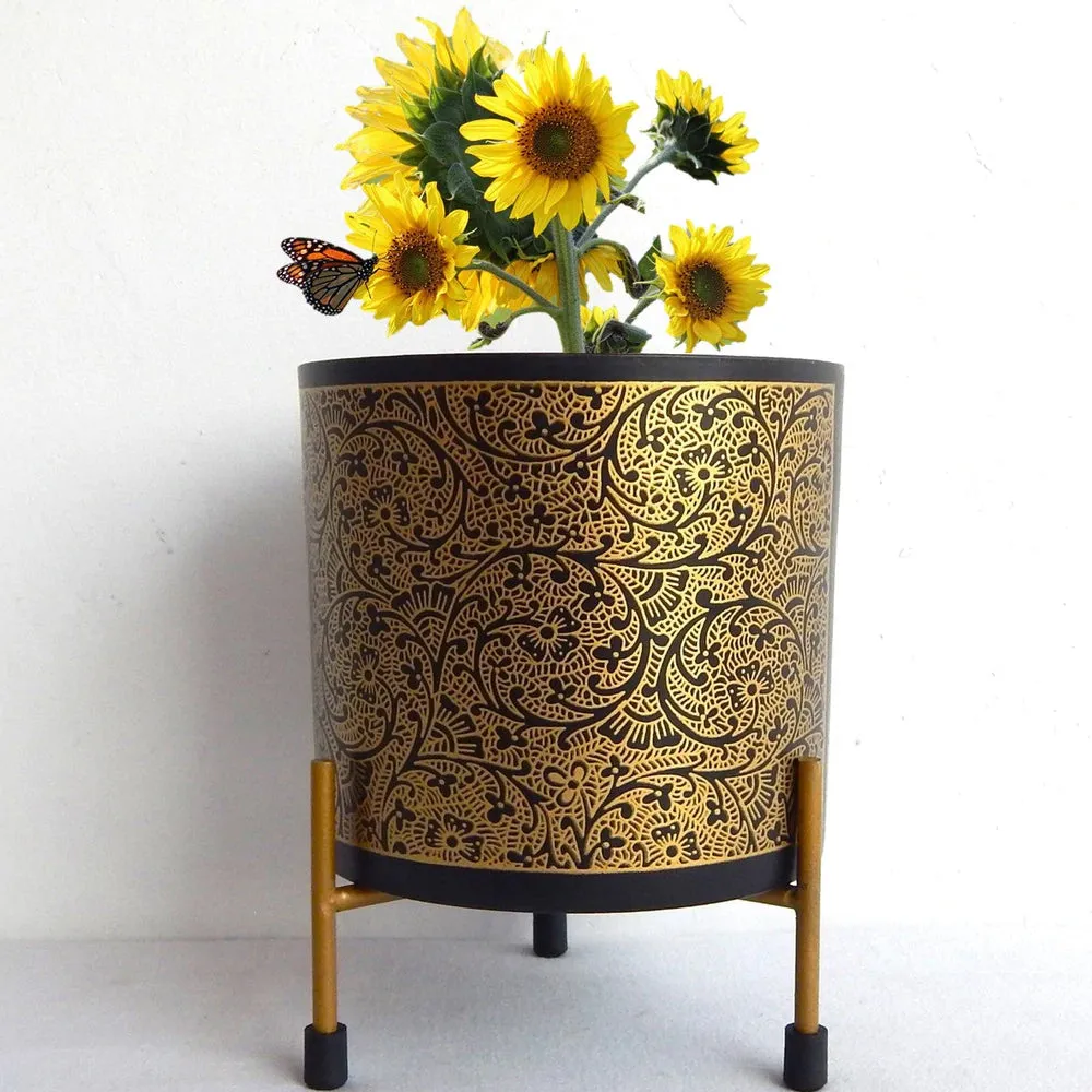 Designer Black & Gold Mini Desk Planter With Stand & Gold Detailing