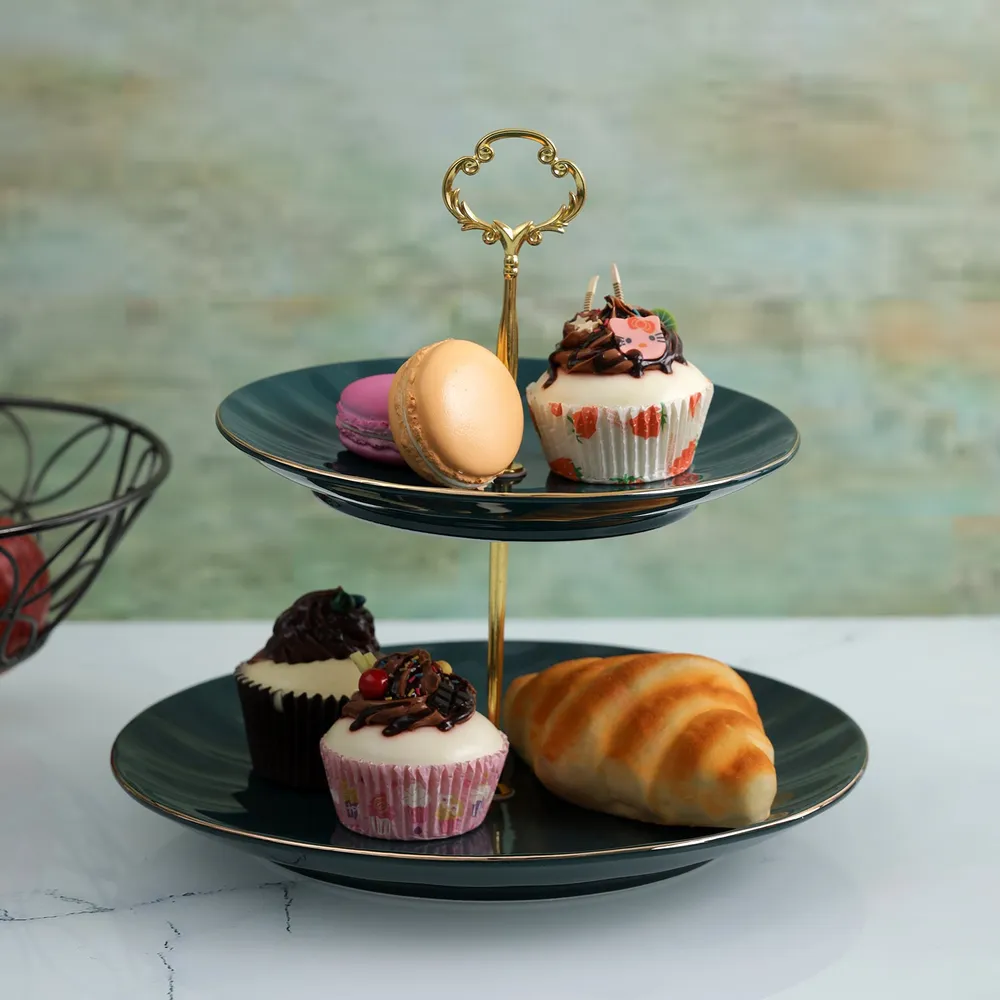 Designer Ceramic Green Classic Cake Stand With Golden Edge