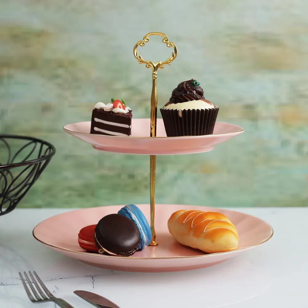 Designer Ceramic Pink Classic Cake Stand With Golden Edge