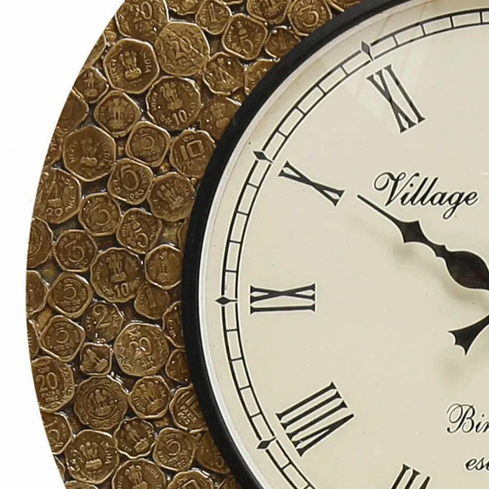 Designer Coin Motif Round Wooden Wall Clock