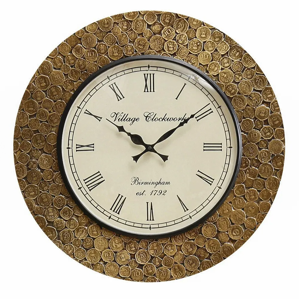 Designer Coin Motif Round Wooden Wall Clock