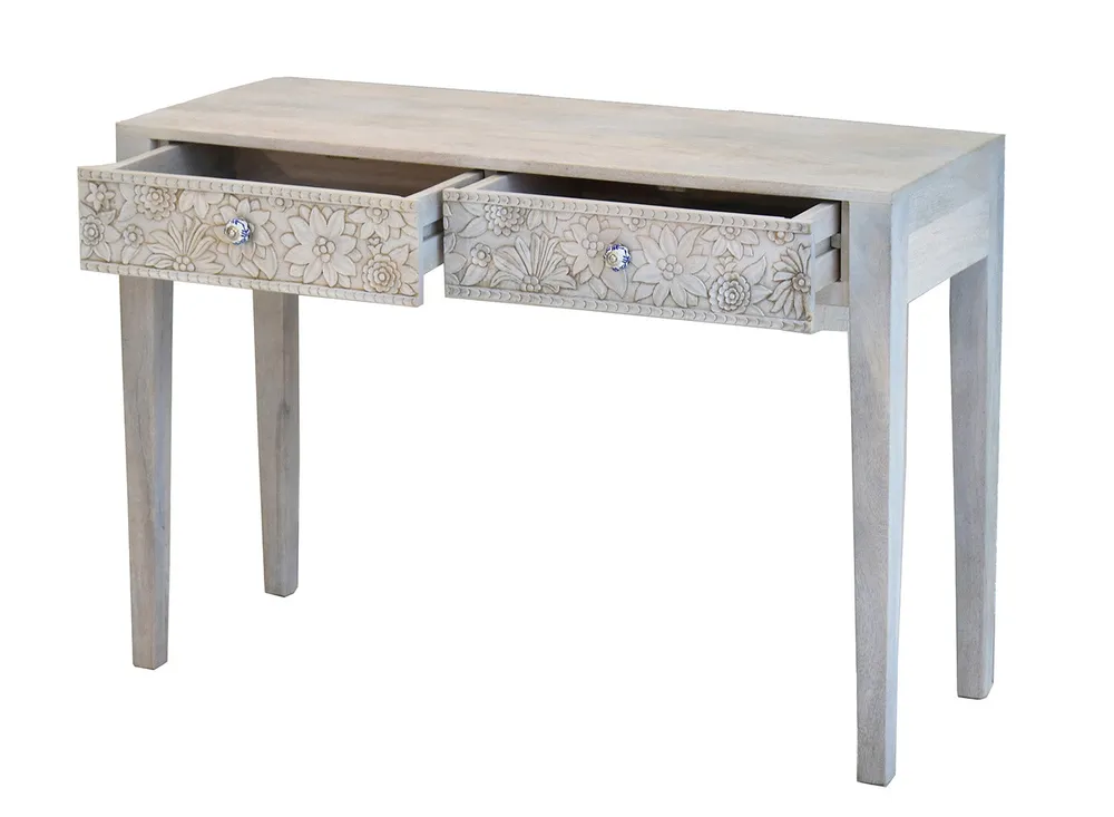 Designer Double Drawer Solid Wood Natural Brown Console Table White