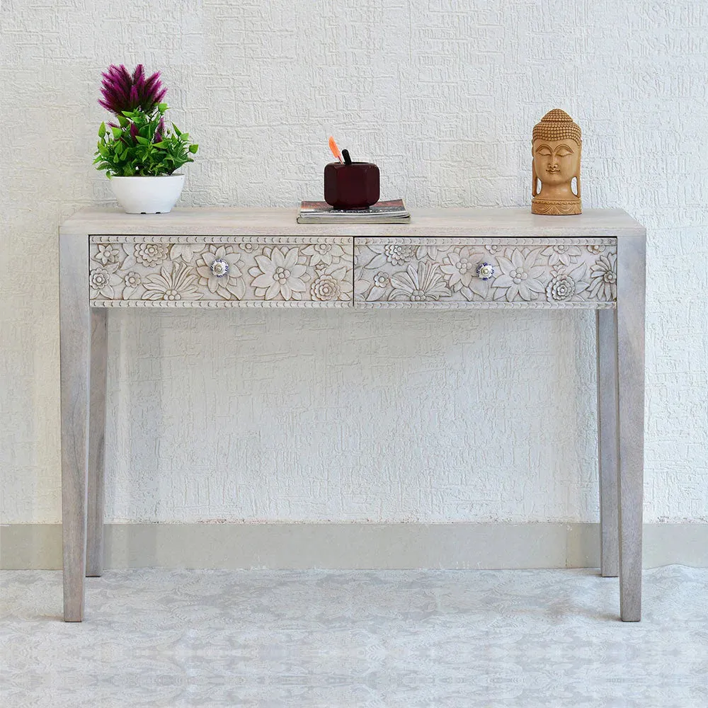 Designer Double Drawer Solid Wood Natural Brown Console Table White