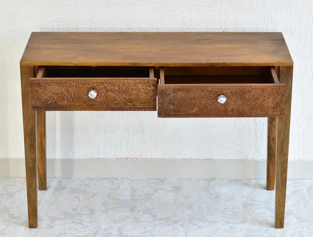 Designer Double Drawer Solid Wood Natural Brown Console Table White