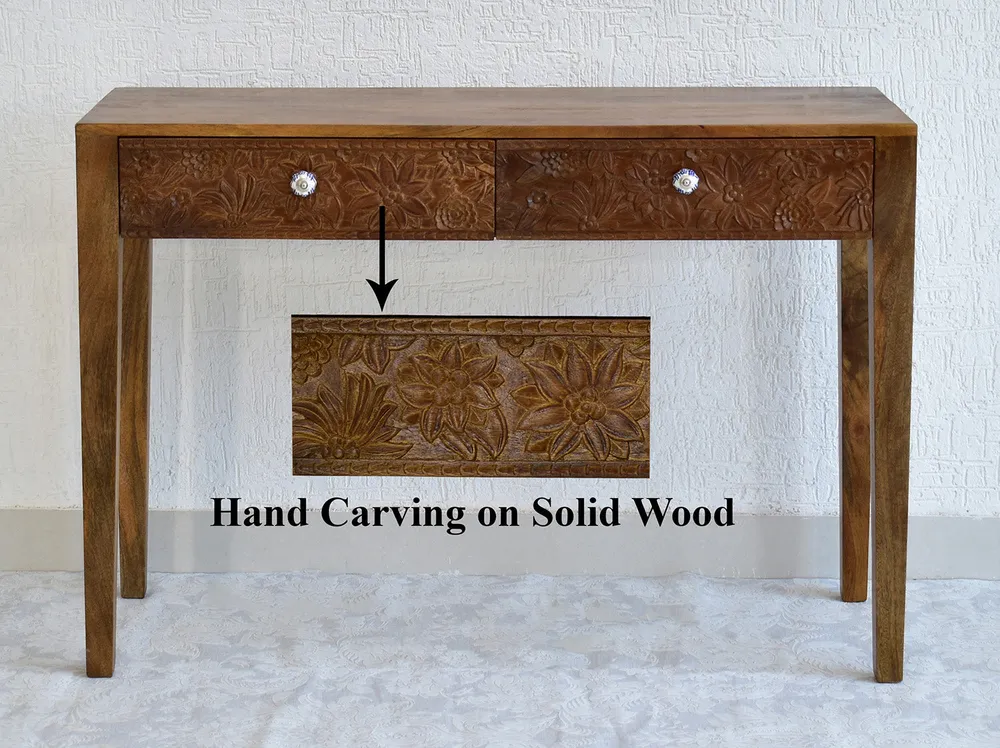 Designer Double Drawer Solid Wood Natural Brown Console Table White