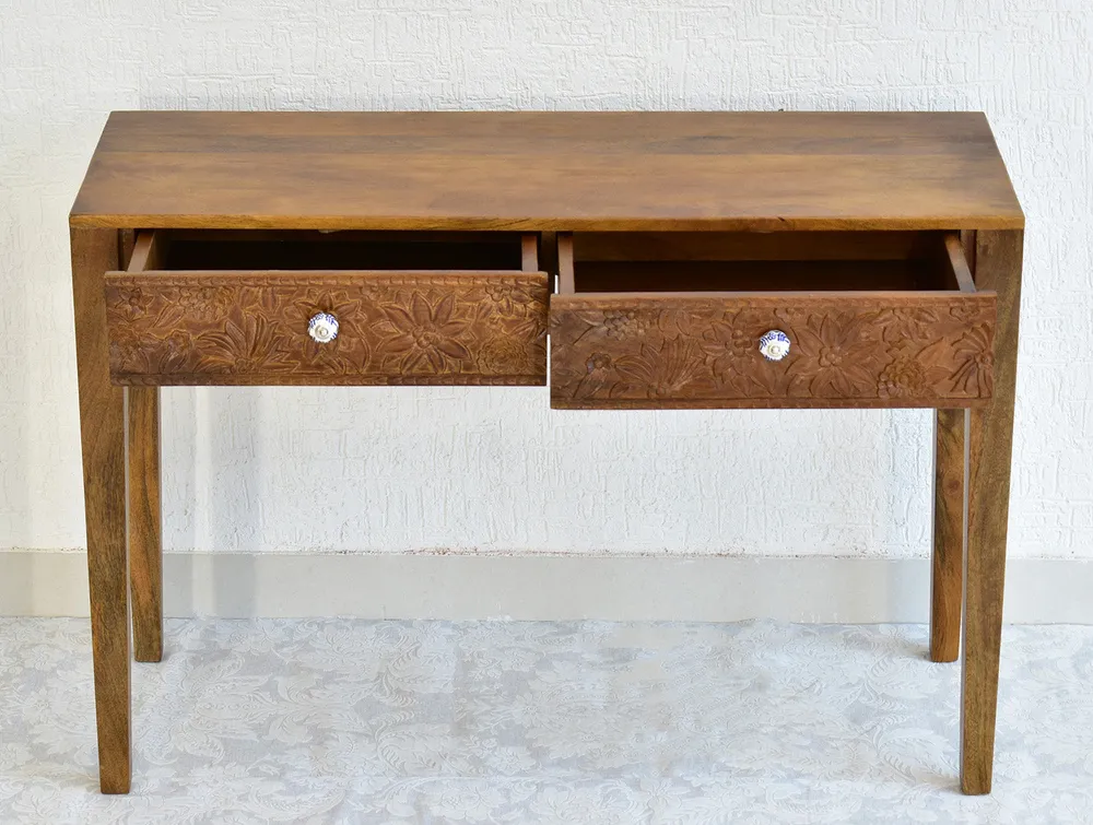 Designer Double Drawer Solid Wood Natural Brown Console Table White