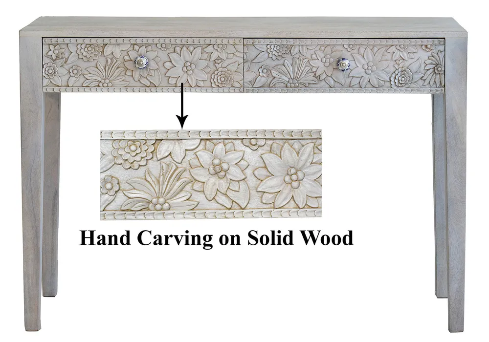 Designer Double Drawer Solid Wood Natural Brown Console Table White