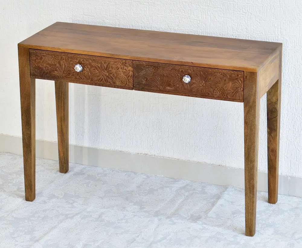 Designer Double Drawer Solid Wood Natural Brown Console Table White