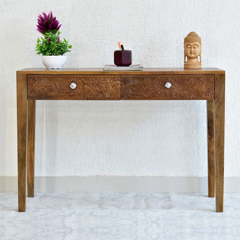 Designer Double Drawer Solid Wood Natural Brown Console Table White
