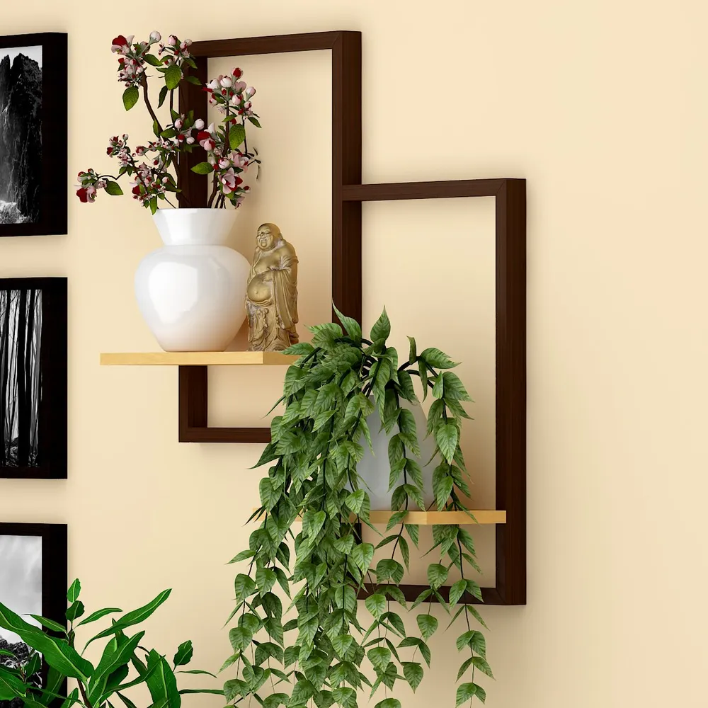 Designer Dual Panel Pine Wood Wall Shelf