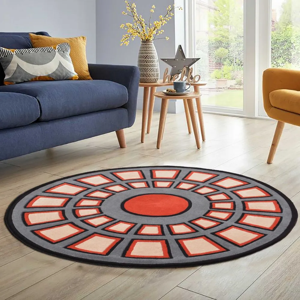 Designer Geometric Orange & Gray Tufted Round Area Carpet