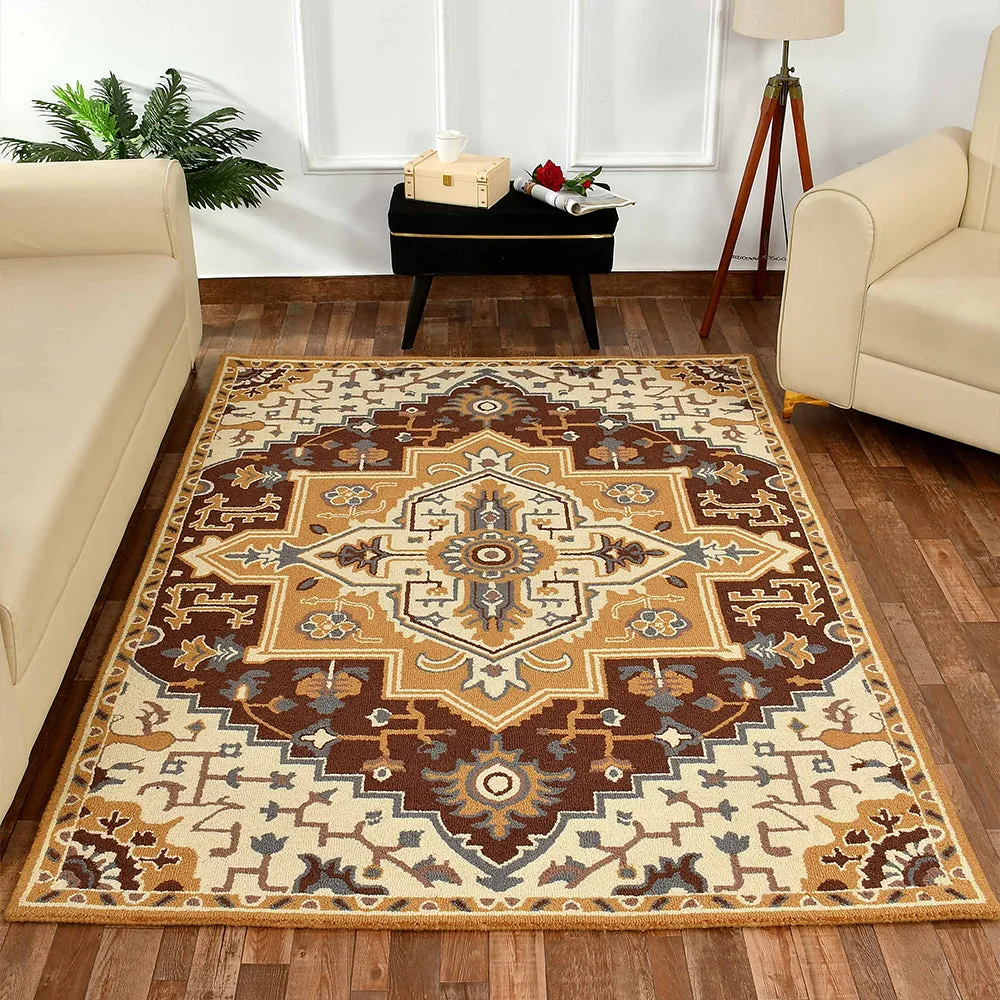 Designer Golden Traditional Print Hand Tufted Bordered Wool Carpet 4X6