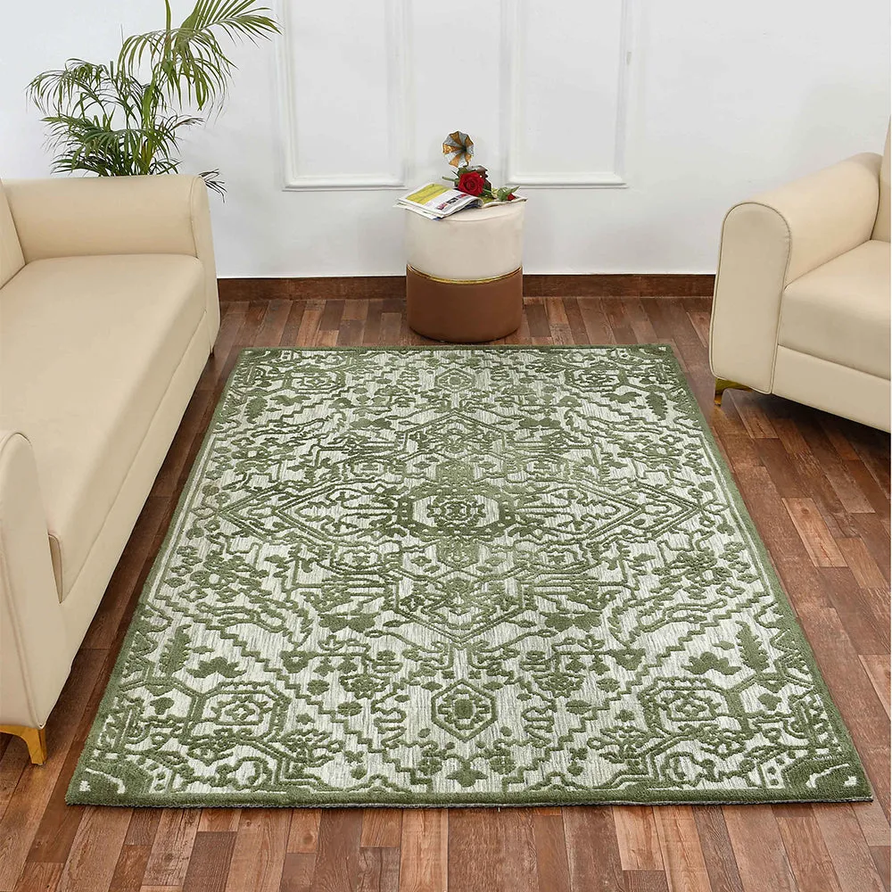 Designer Green and White Traditional Print Polyester Carpet 2X5