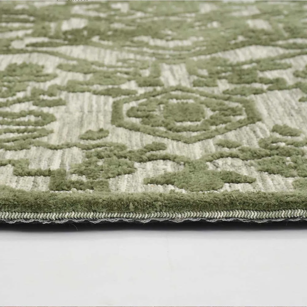 Designer Green and White Traditional Print Polyester Carpet 2X5