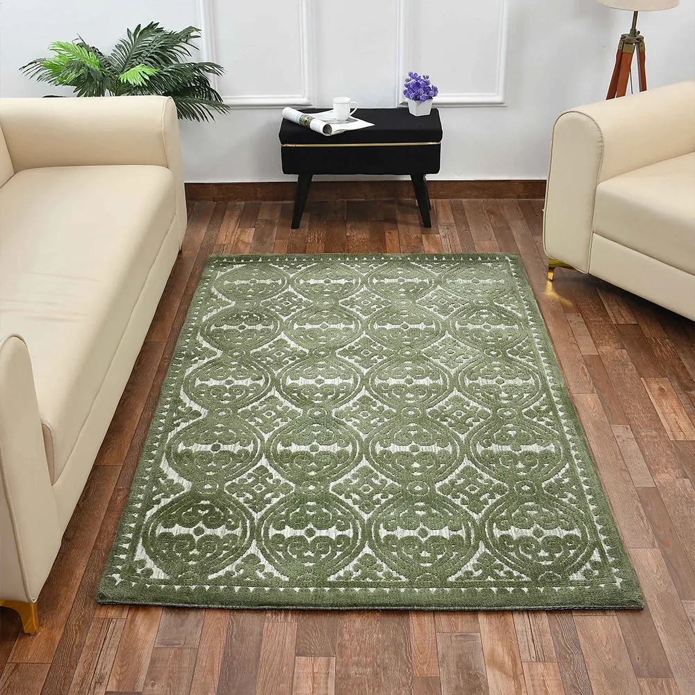 Designer Green Coloured Geometric Print Polyester Carpet for Living Room 2X5