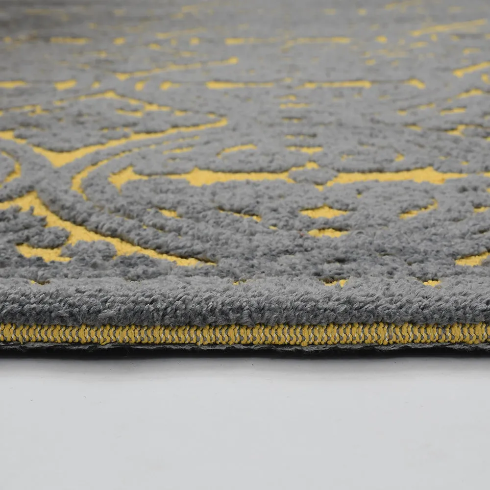 Designer Grey & Yellow Geometric Print Polyester Carpet for Living Room 2X5