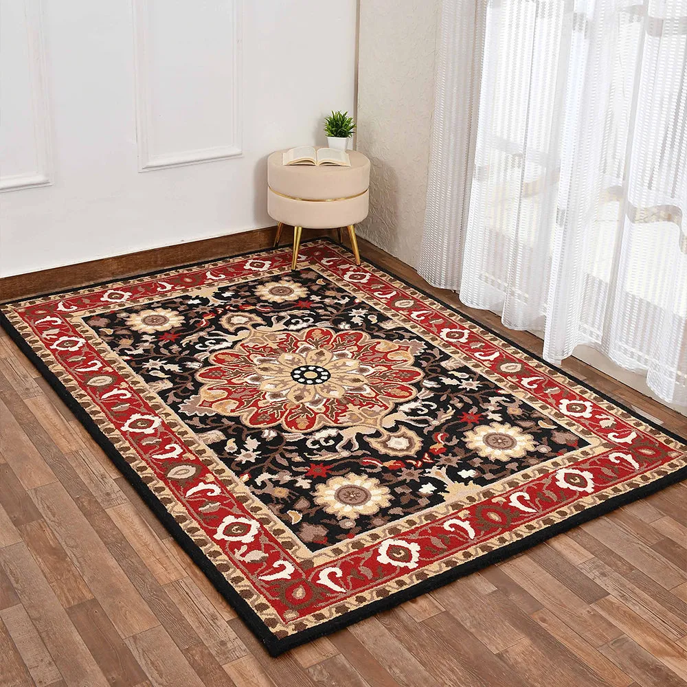 Designer Handcrafted Traditional Print Black Coloured Hand Tufted Wool Carpet 4X6