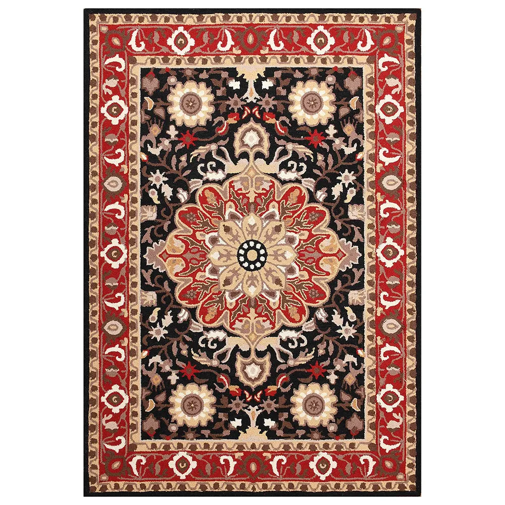 Designer Handcrafted Traditional Print Black Coloured Hand Tufted Wool Carpet 4X6