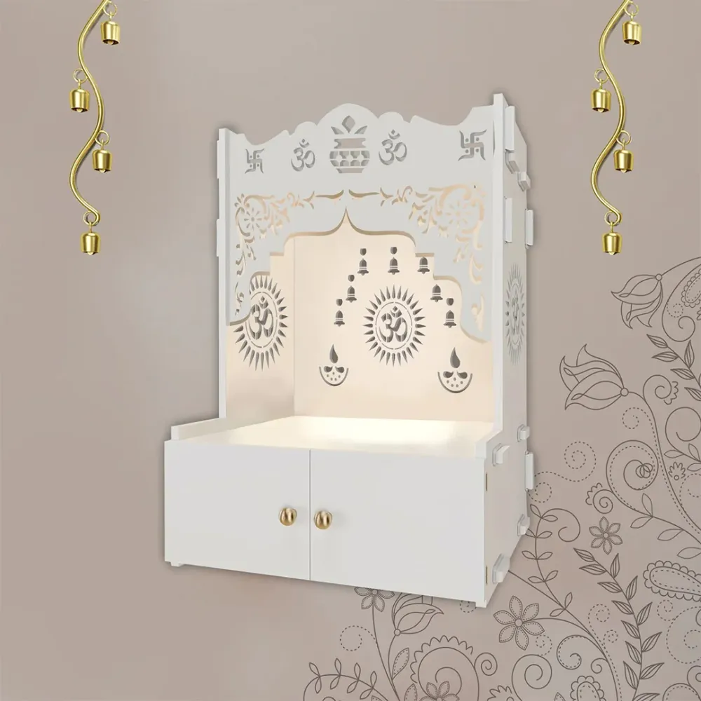 Designer Holy Symbol Om White MDF Wood Temple With Inbuilt Focus Light &amp; Spacious Shelf