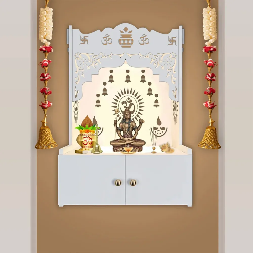 Designer Holy Symbol Om White MDF Wood Temple With Inbuilt Focus Light &amp; Spacious Shelf