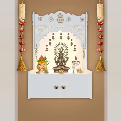 Designer Holy Symbol Om White MDF Wood Temple With Inbuilt Focus Light &amp; Spacious Shelf