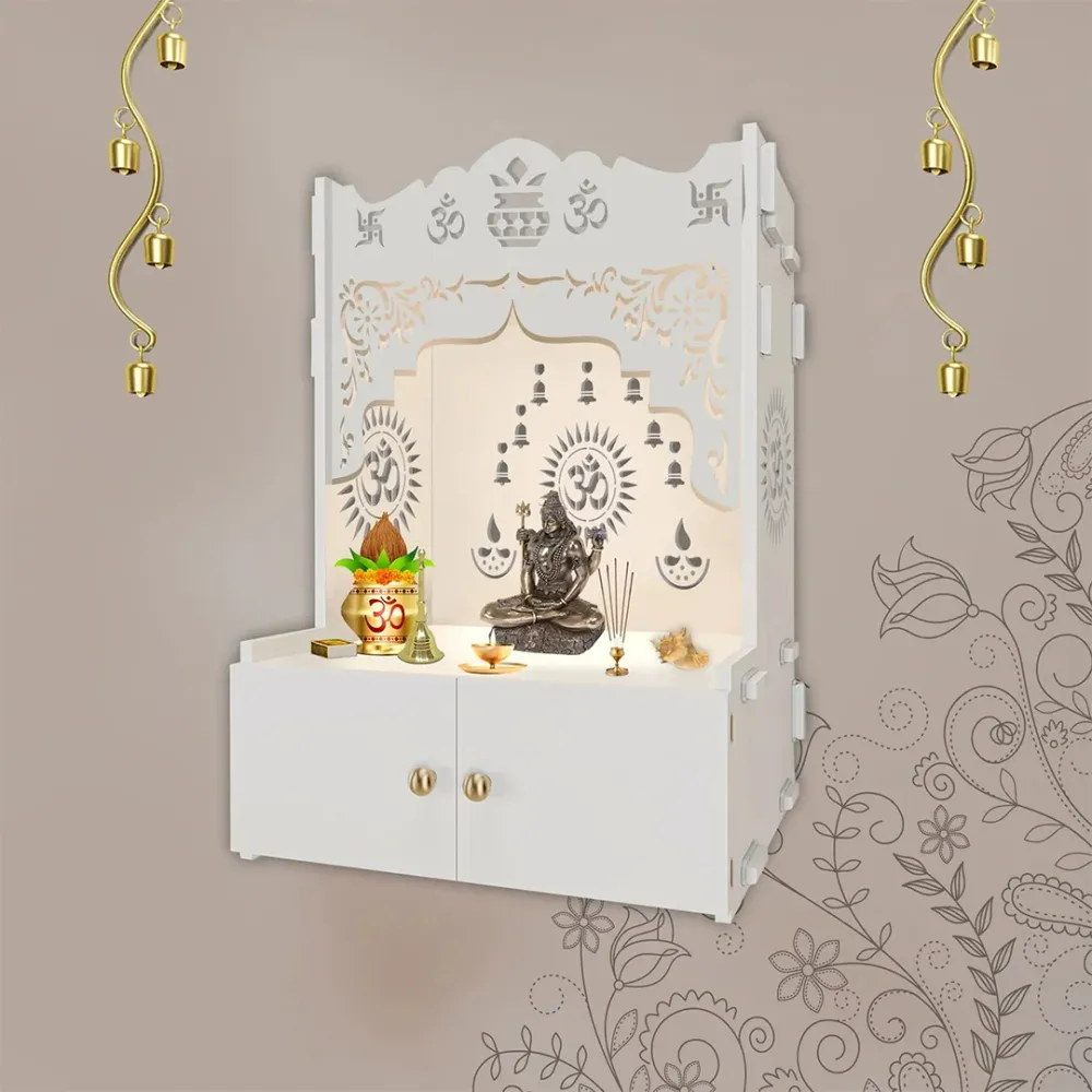 Designer Holy Symbol Om White MDF Wood Temple With Inbuilt Focus Light &amp; Spacious Shelf