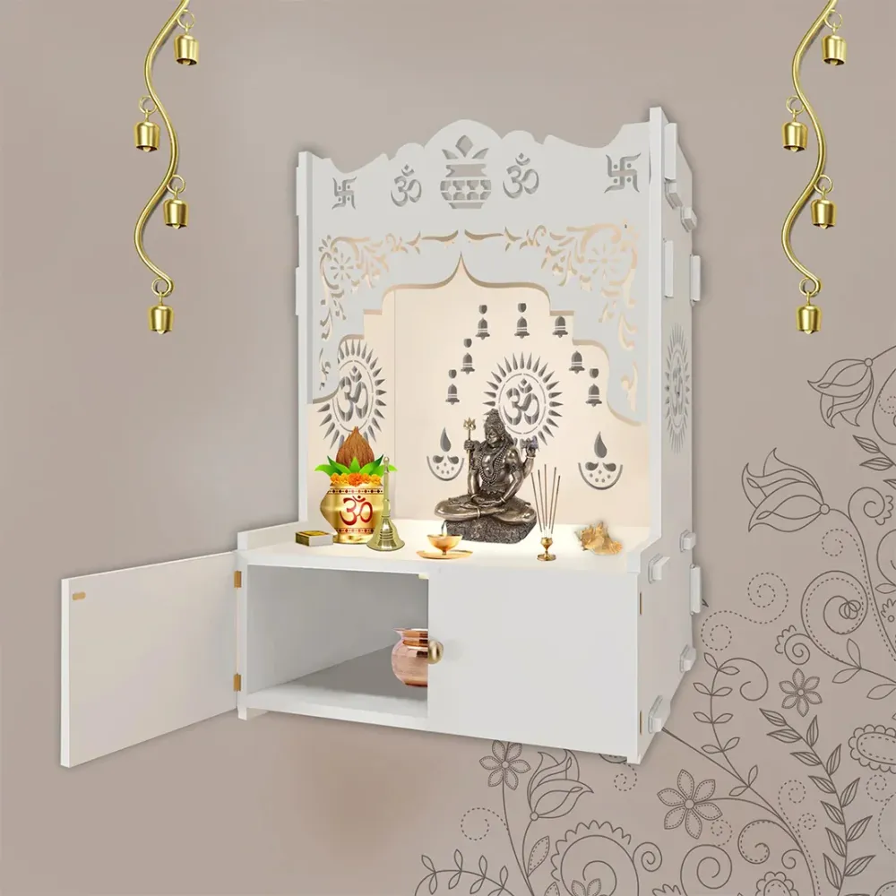Designer Holy Symbol Om White MDF Wood Temple With Inbuilt Focus Light &amp; Spacious Shelf