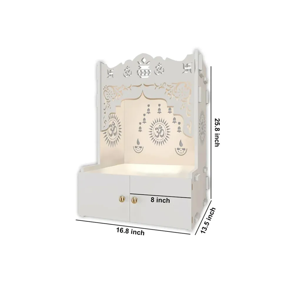 Designer Holy Symbol Om White MDF Wood Temple With Inbuilt Focus Light &amp; Spacious Shelf