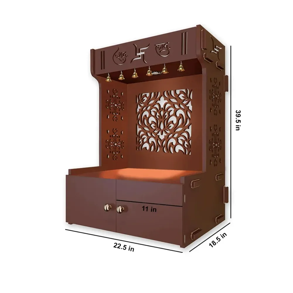 Designer Intricate Jali Design Pattern Floor Temple With Spacious Wooden Shelf &amp; Inbuilt Focus Light- Brown Finish