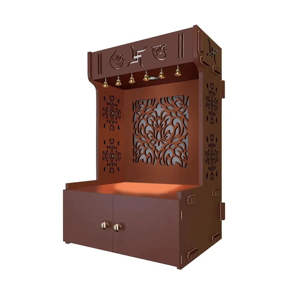 Designer Intricate Jali Design Pattern Floor Temple With Spacious Wooden Shelf &amp; Inbuilt Focus Light- Brown Finish