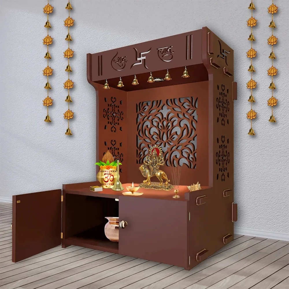 Designer Intricate Jali Design Pattern Floor Temple With Spacious Wooden Shelf &amp; Inbuilt Focus Light- Brown Finish