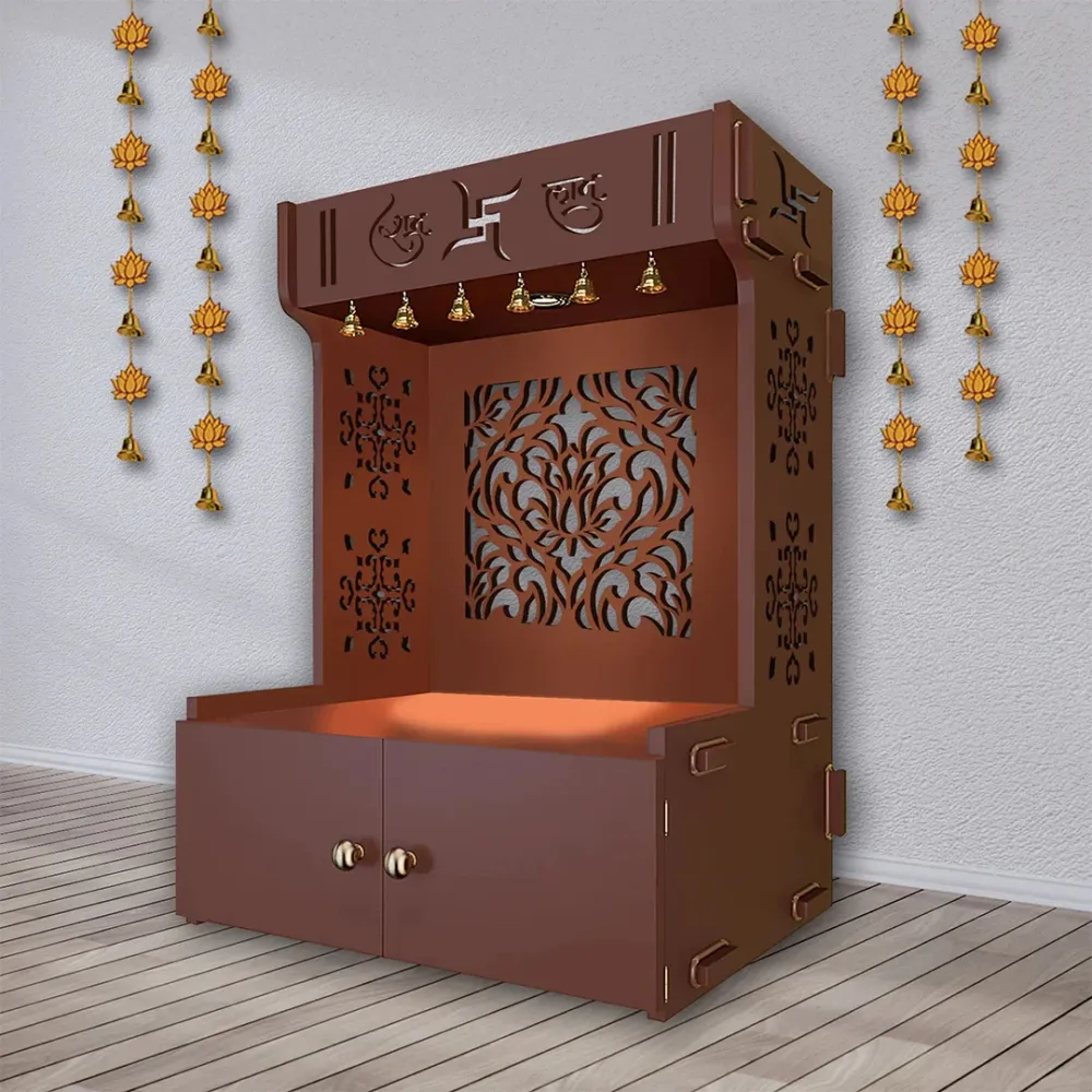 Designer Intricate Jali Design Pattern Floor Temple With Spacious Wooden Shelf &amp; Inbuilt Focus Light- Brown Finish