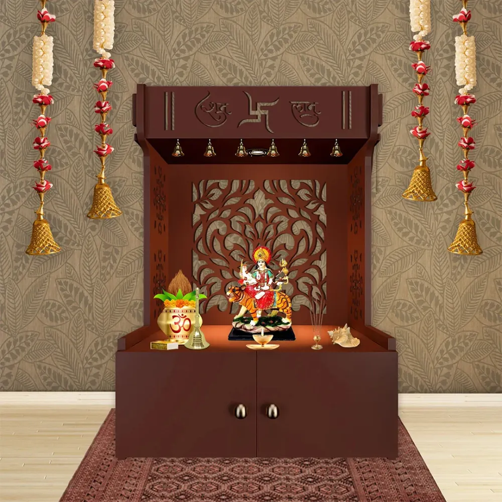 Designer Intricate Jali Design Pattern Floor Temple With Spacious Wooden Shelf &amp; Inbuilt Focus Light- Brown Finish