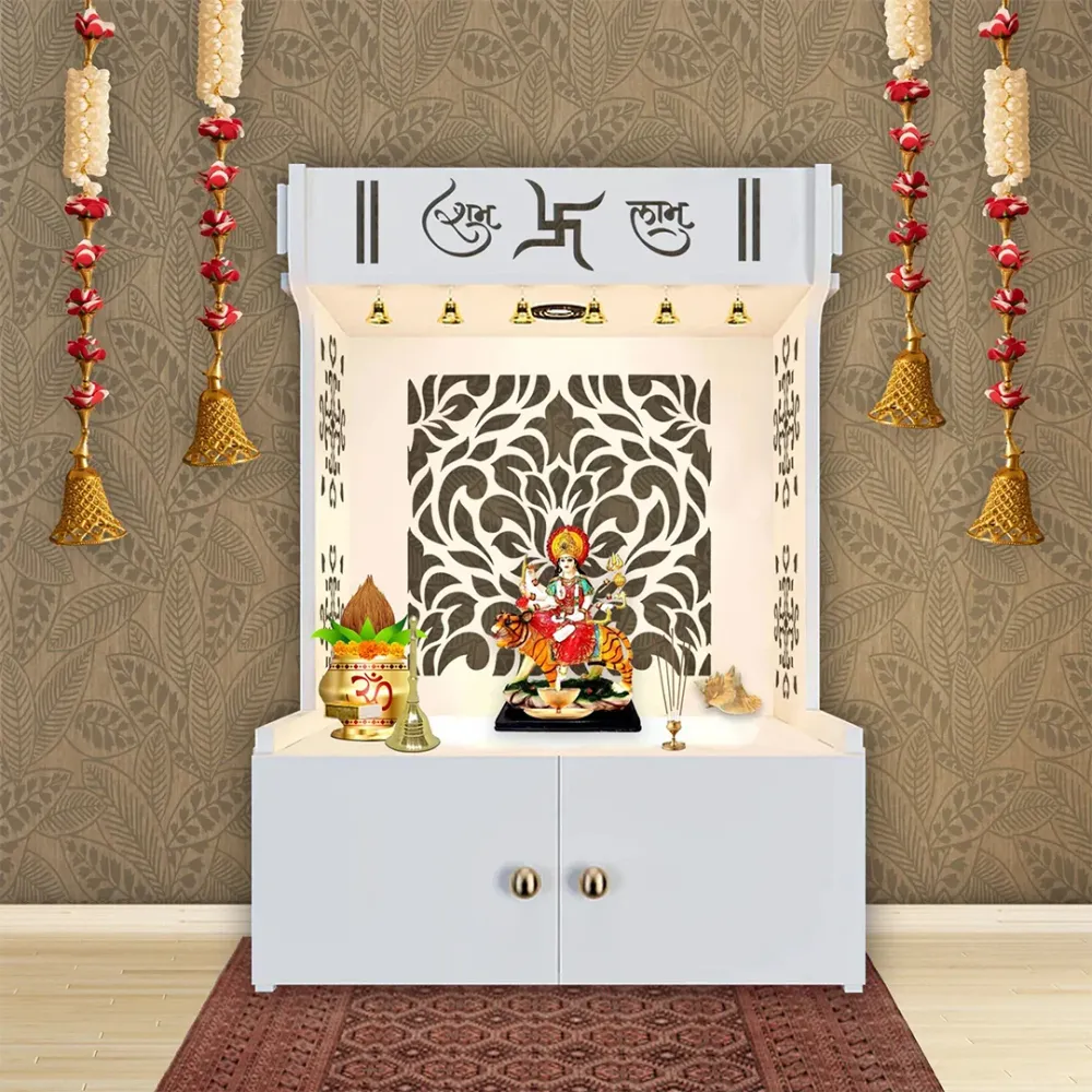 Designer Intricate Jali Design Pattern Floor Temple With Spacious Wooden Shelf &amp; Inbuilt Focus Light- White Finish