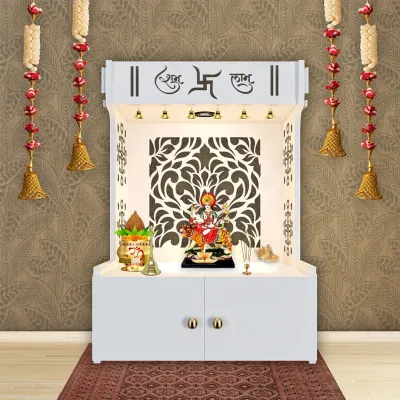 Designer Intricate Jali Design Pattern Floor Temple With Spacious Wooden Shelf &amp; Inbuilt Focus Light- White Finish