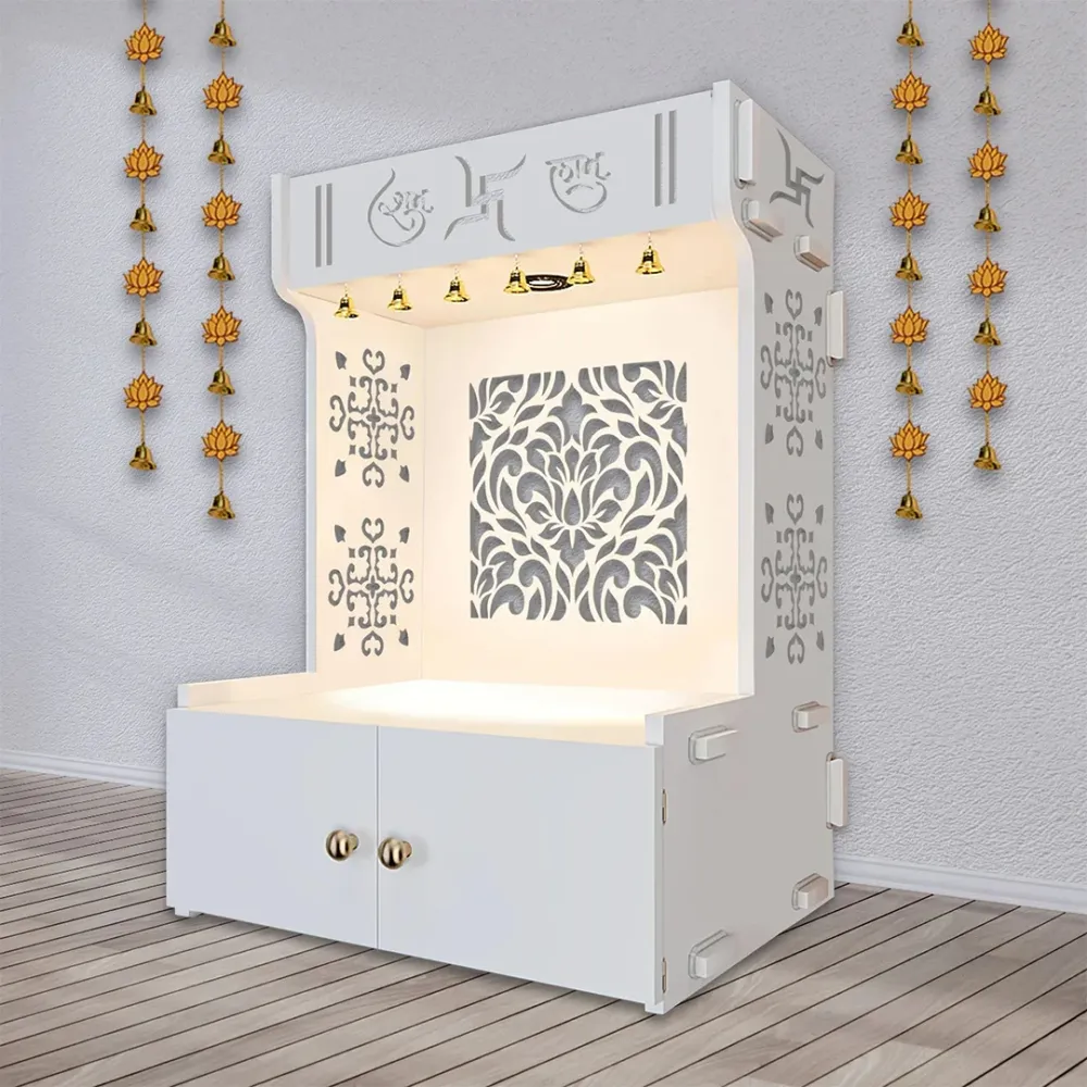 Designer Intricate Jali Design Pattern Floor Temple With Spacious Wooden Shelf &amp; Inbuilt Focus Light- White Finish