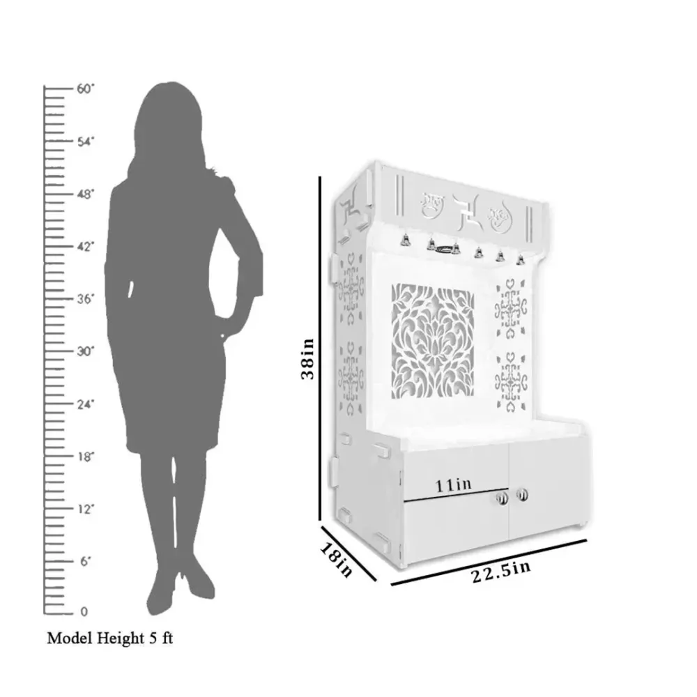 Designer Intricate Jali Design Pattern Floor Temple With Spacious Wooden Shelf &amp; Inbuilt Focus Light- White Finish
