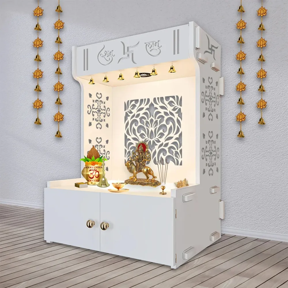 Designer Intricate Jali Design Pattern Floor Temple With Spacious Wooden Shelf &amp; Inbuilt Focus Light- White Finish