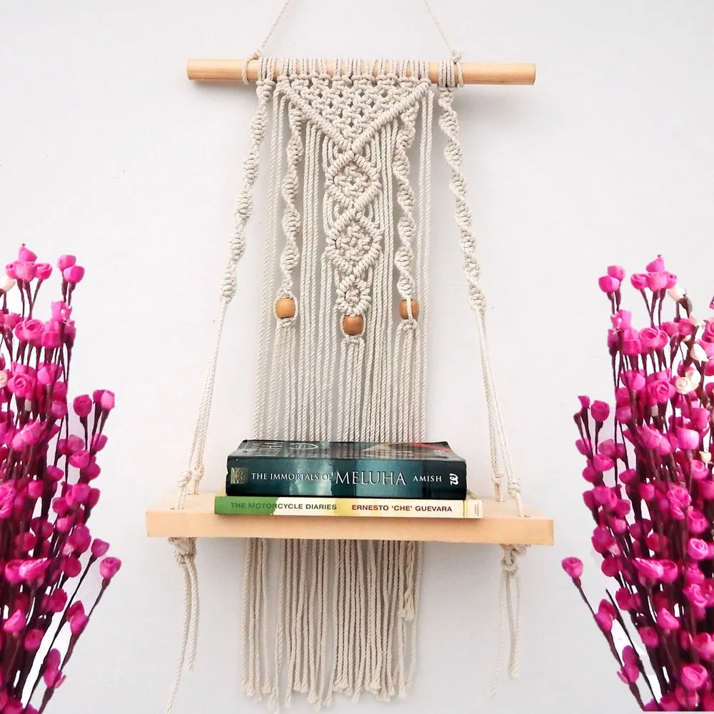 Designer Knotted &amp; Beaded Boho Wall Hanging Shelf