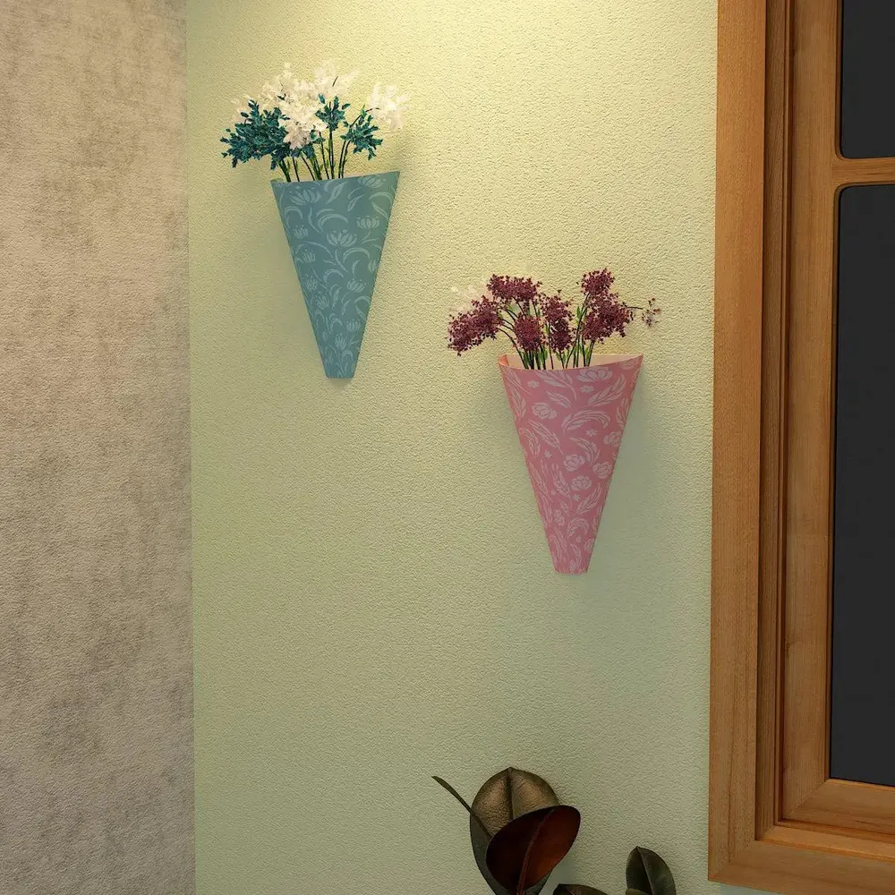 Designer Pair of Wall Vases With Abstract Flowers Prints