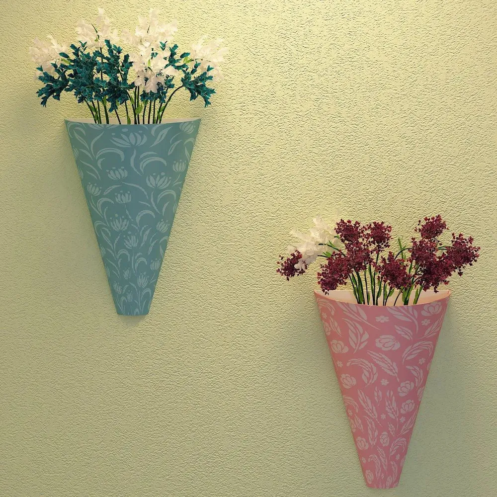 Designer Pair of Wall Vases With Abstract Flowers Prints