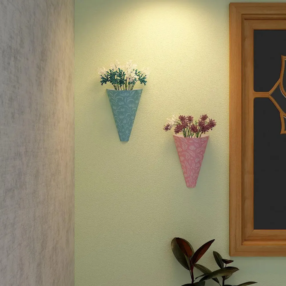 Designer Pair of Wall Vases With Abstract Flowers Prints