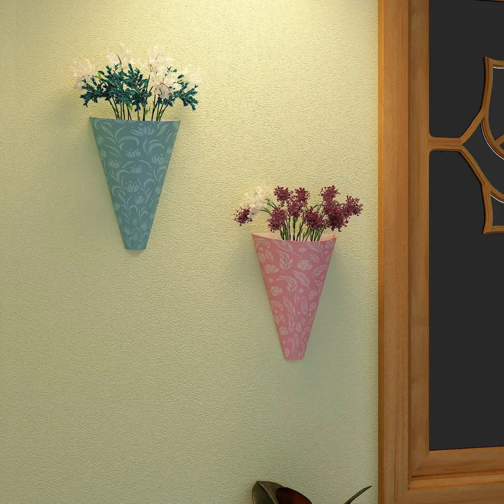 Designer Pair of Wall Vases With Abstract Flowers Prints