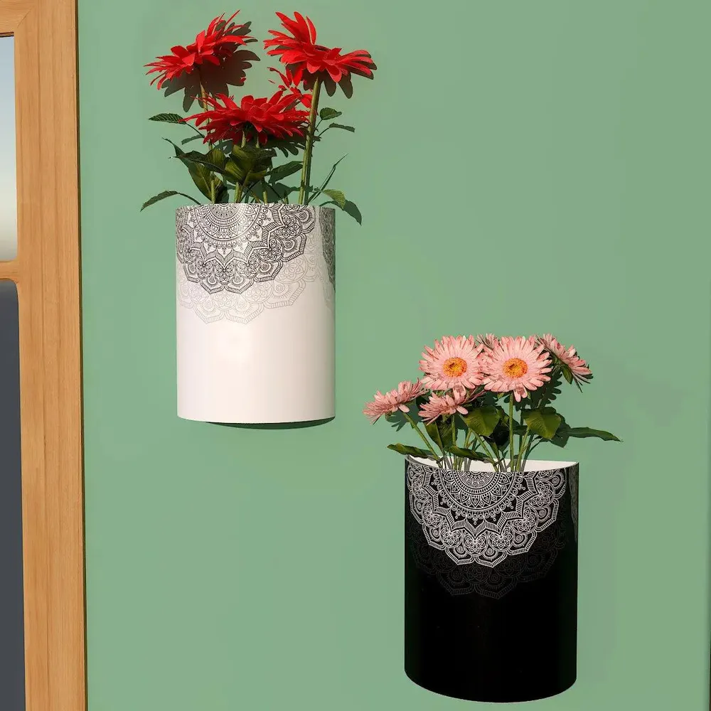 Designer Pair of Wall Vases With Black & White Mandala Prints