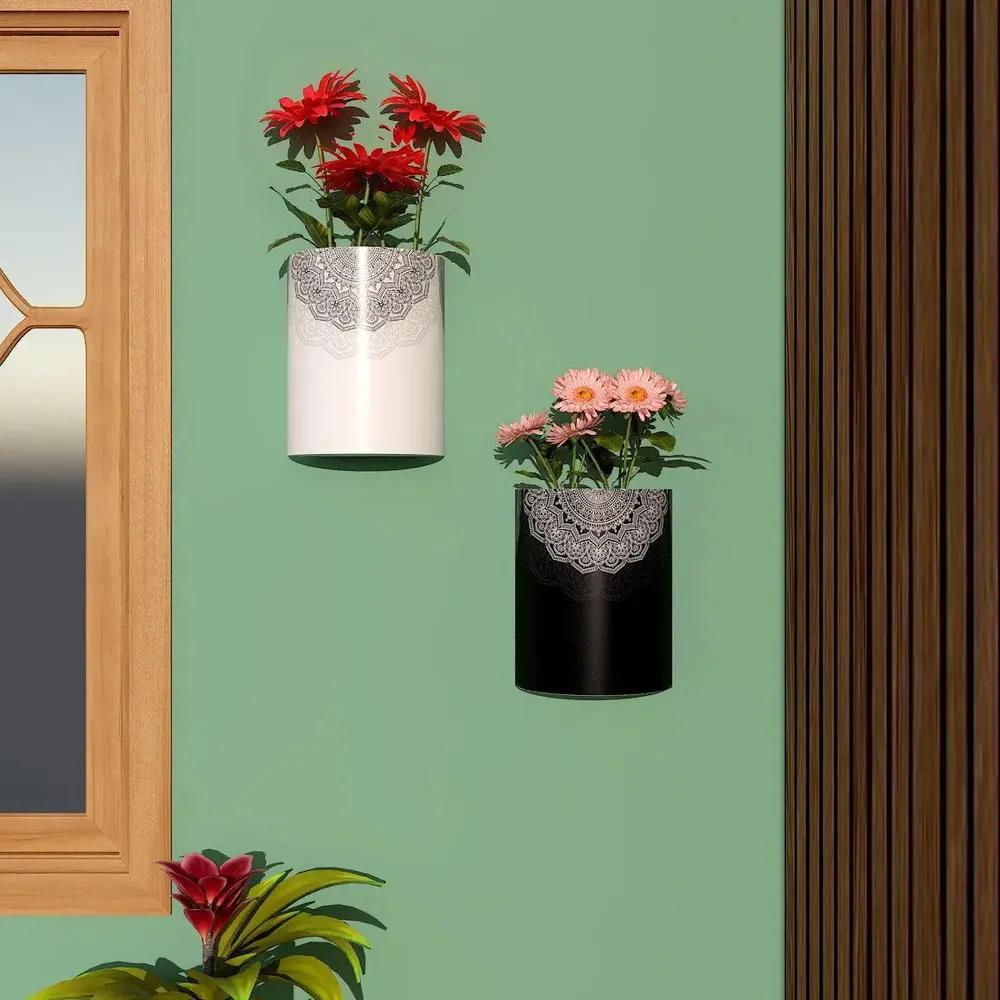 Designer Pair of Wall Vases With Black & White Mandala Prints