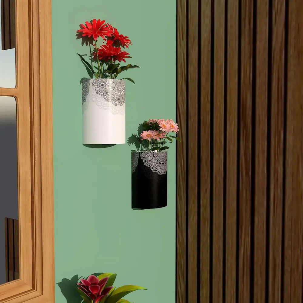 Designer Pair of Wall Vases With Black & White Mandala Prints