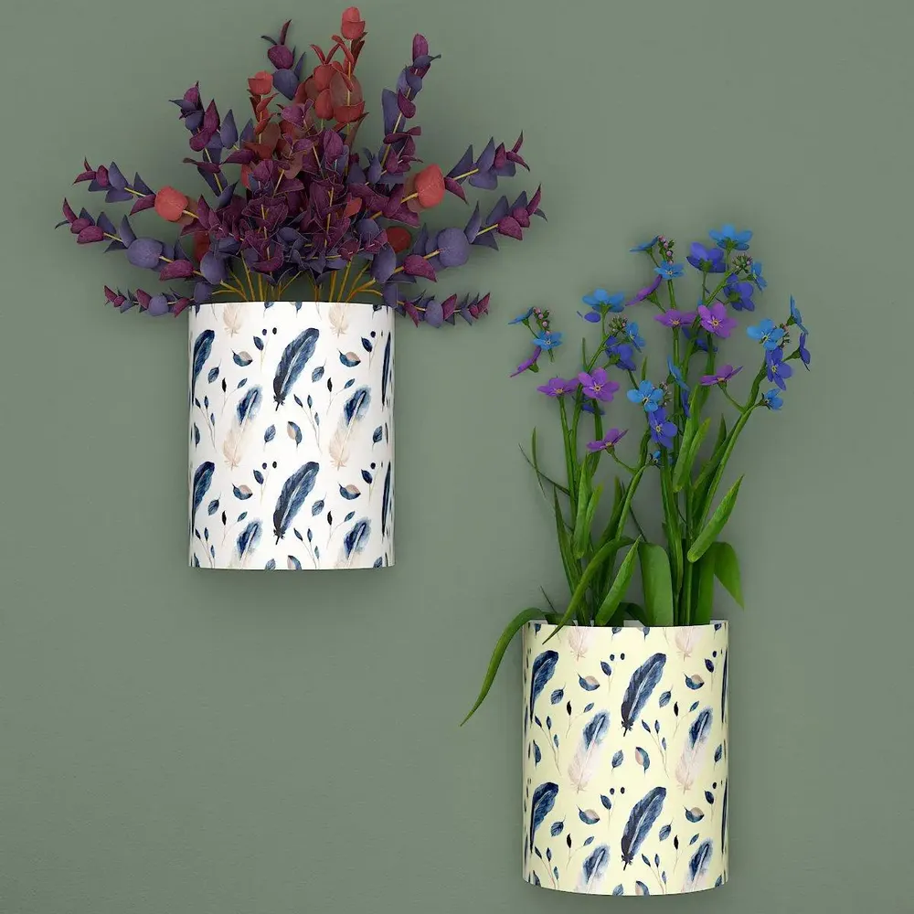 Designer Pair of Wall Vases With Feathers Prints
