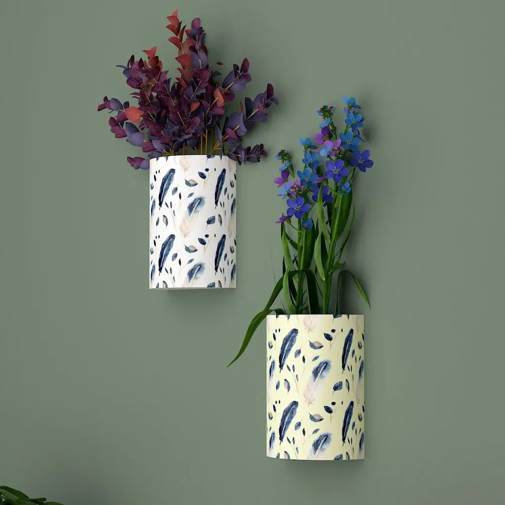 Designer Pair of Wall Vases With Feathers Prints